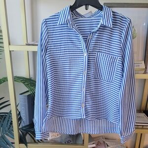 Blue and White Striped Long Sleeve Top - Size Small Fit